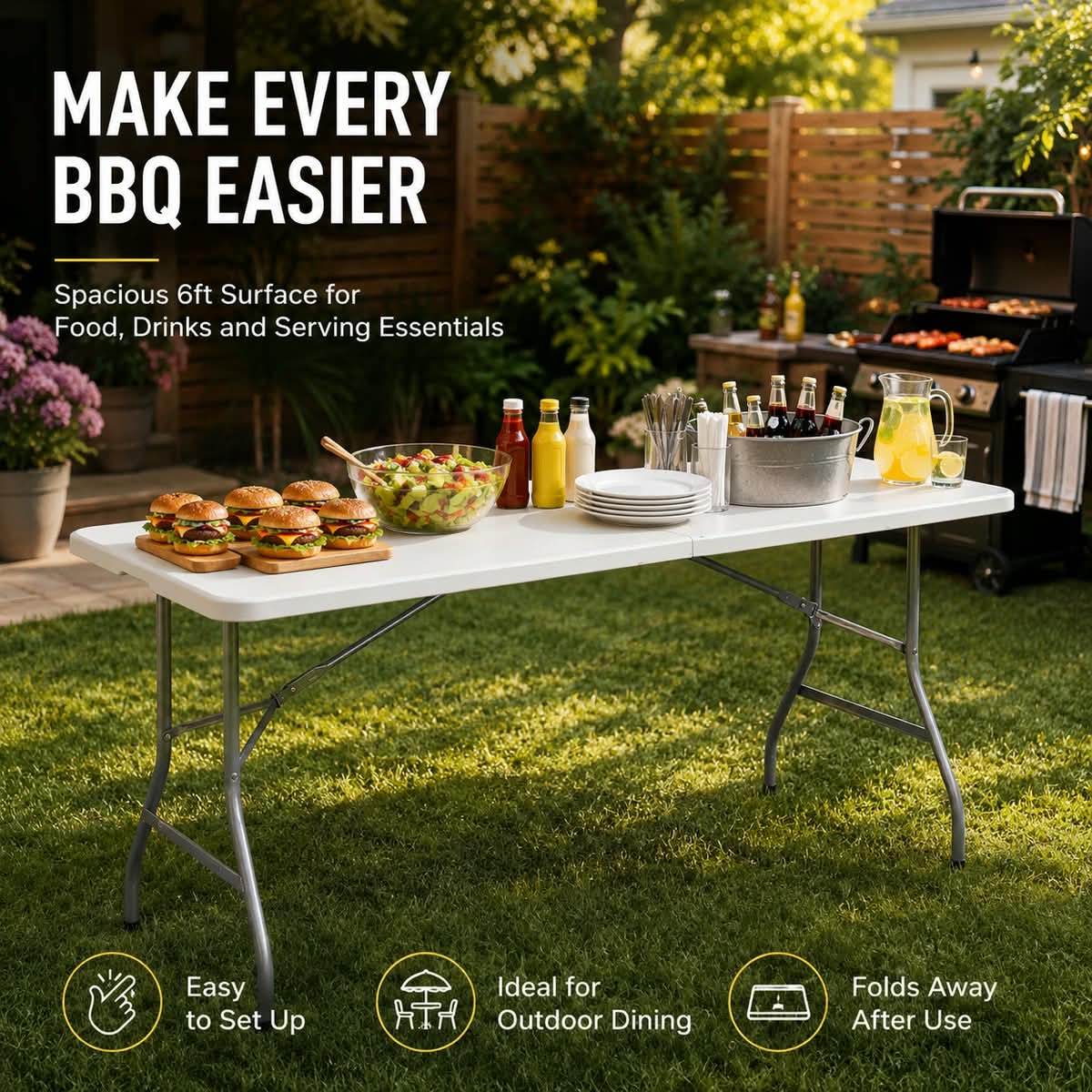 6ft Portable Heavy Duty Folding Table - HDPE Plastic & Steel Frame