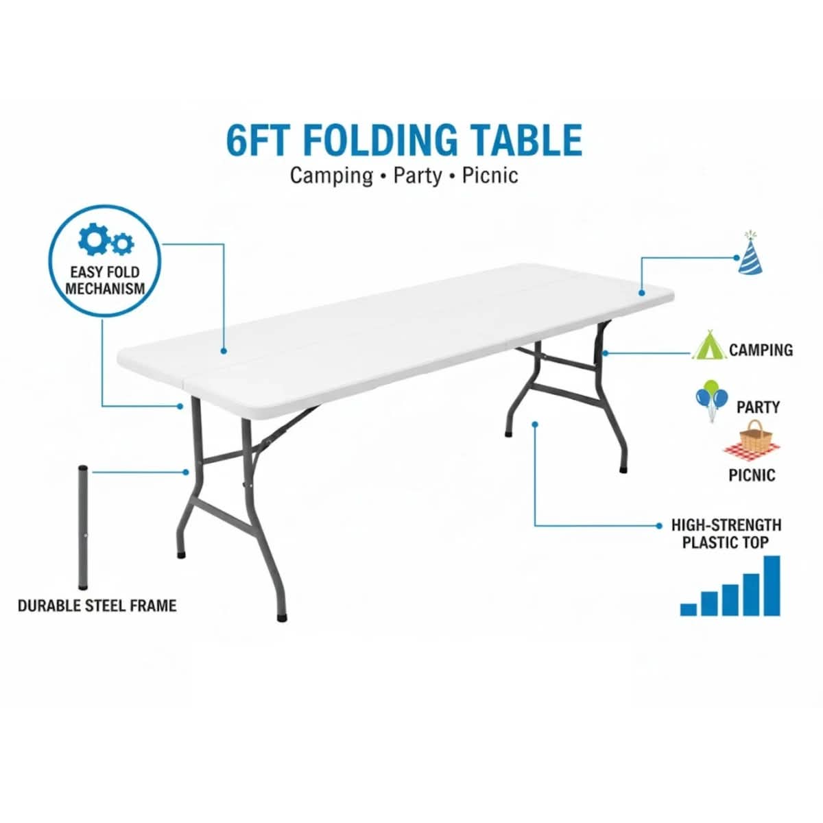 6ft Portable Heavy Duty Folding Table - HDPE Plastic & Steel Frame